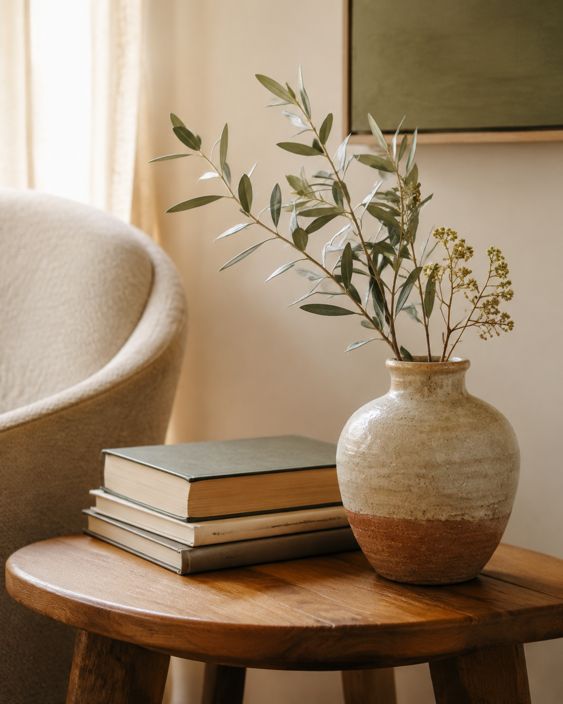 A warm office detail with books, a ceramic vase, and natural foliage