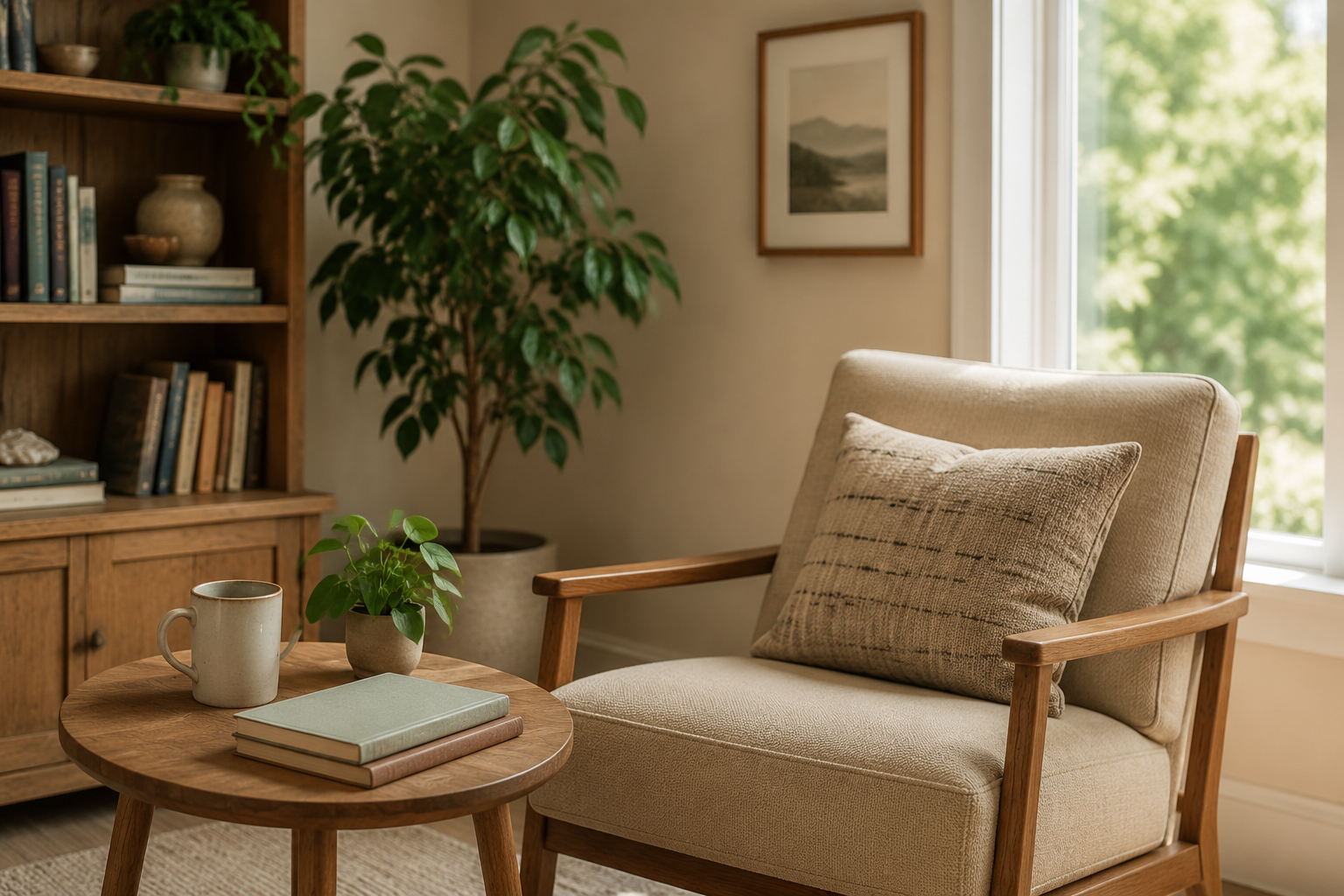 A warm, peaceful counseling office with a comfortable chair